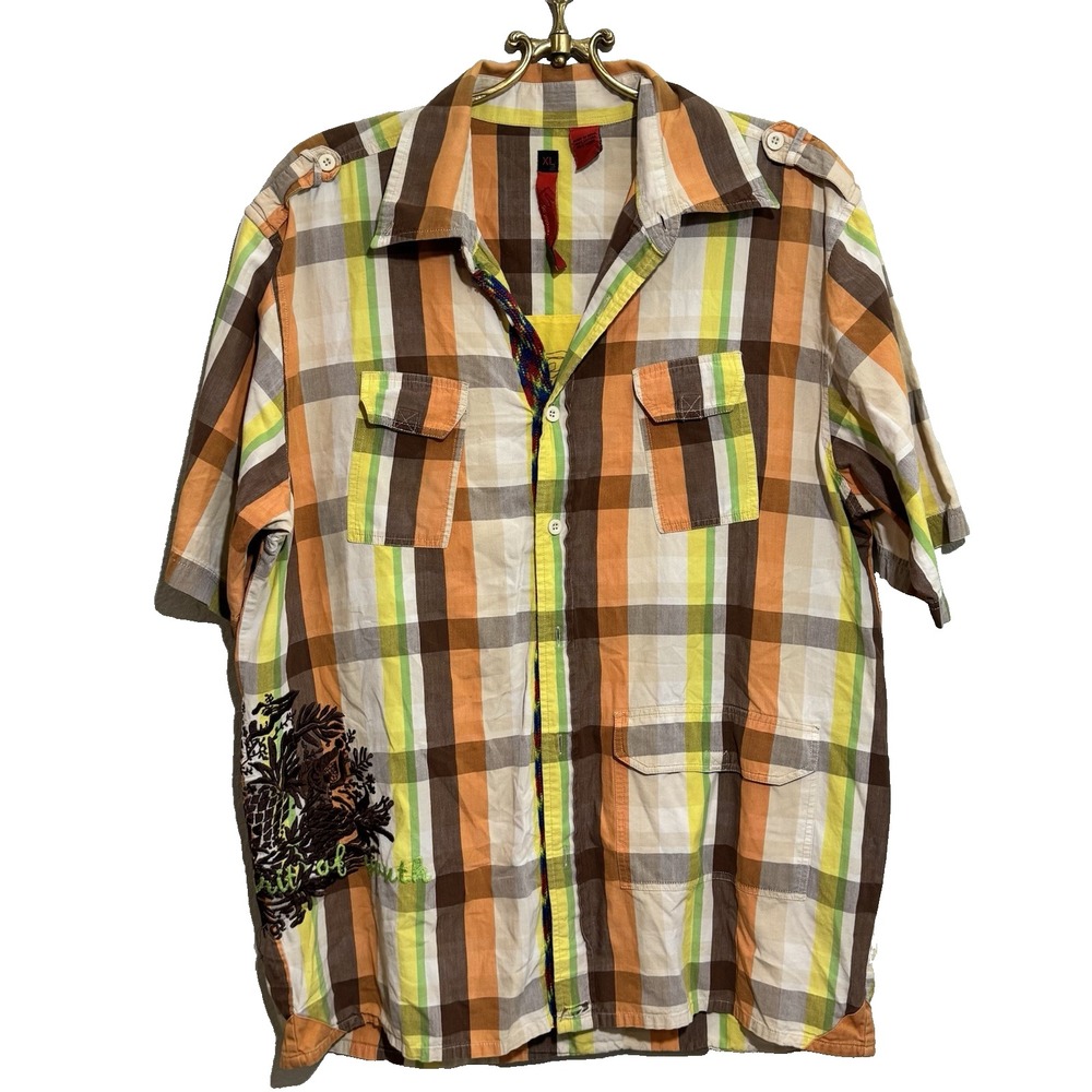 Massive Revolution Men's XLP Plaid Shirt‎ Button Down Plaid  Embroidered Cotton